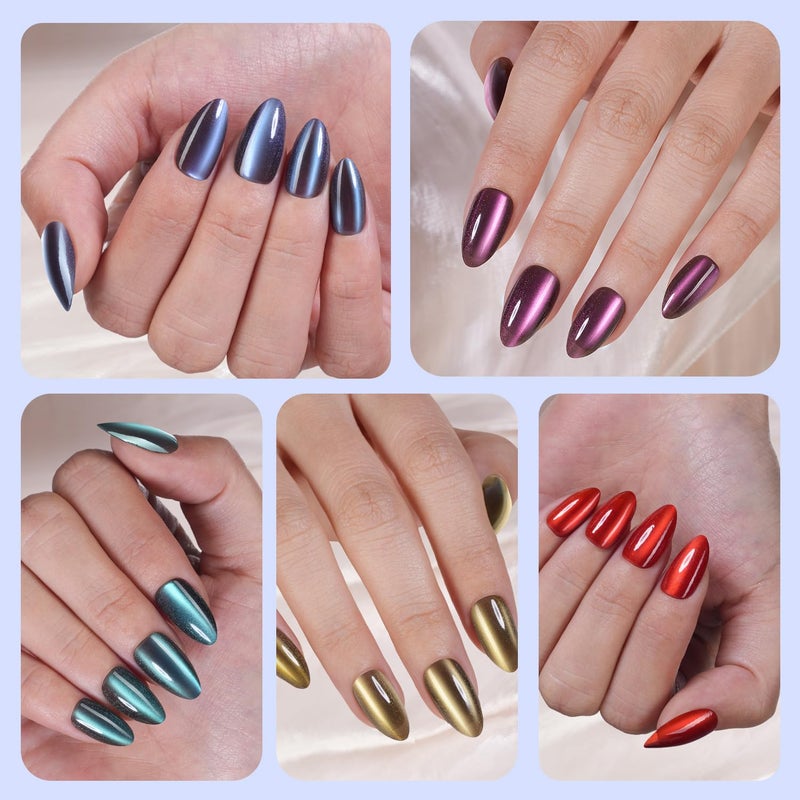 Plauva 300Pcs Cat Eye Press on Nails Medium Almond, Soft Gel Fake Nails, Glossy Glitter Cat Eye Nail Tips for Women and Girls Stick On Nails in 15 Sizes - Image 5